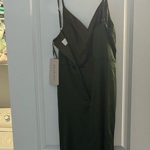 Revelry Rory dress in deep olive, satin.